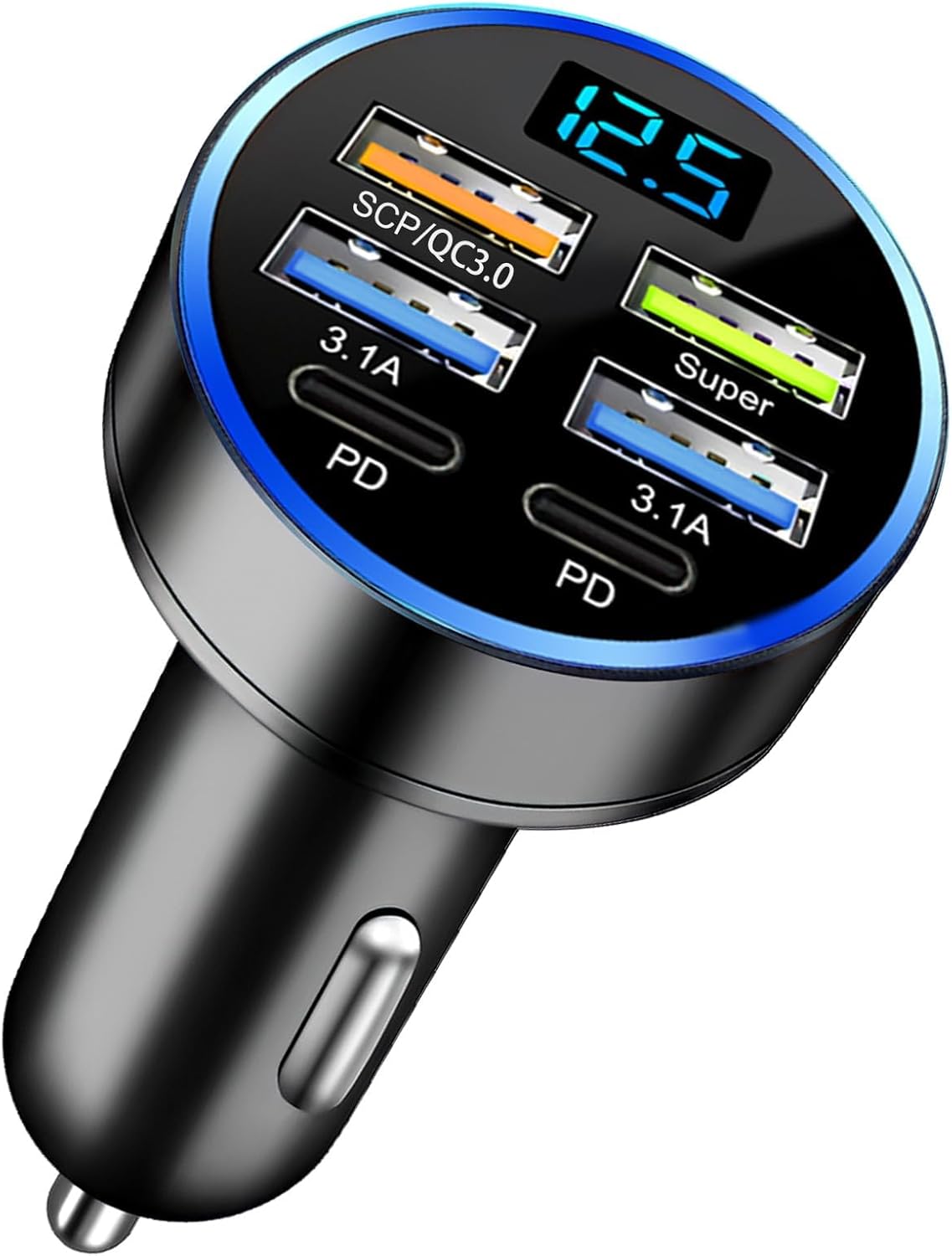 Fast Charging 4 USB A 2 PD Type C Car Phone Charger Adapter 12V/24V 300W Quick Charge Cigarette Lighter Socket for iPhone, Samsung, Android, iPad Multi Devices