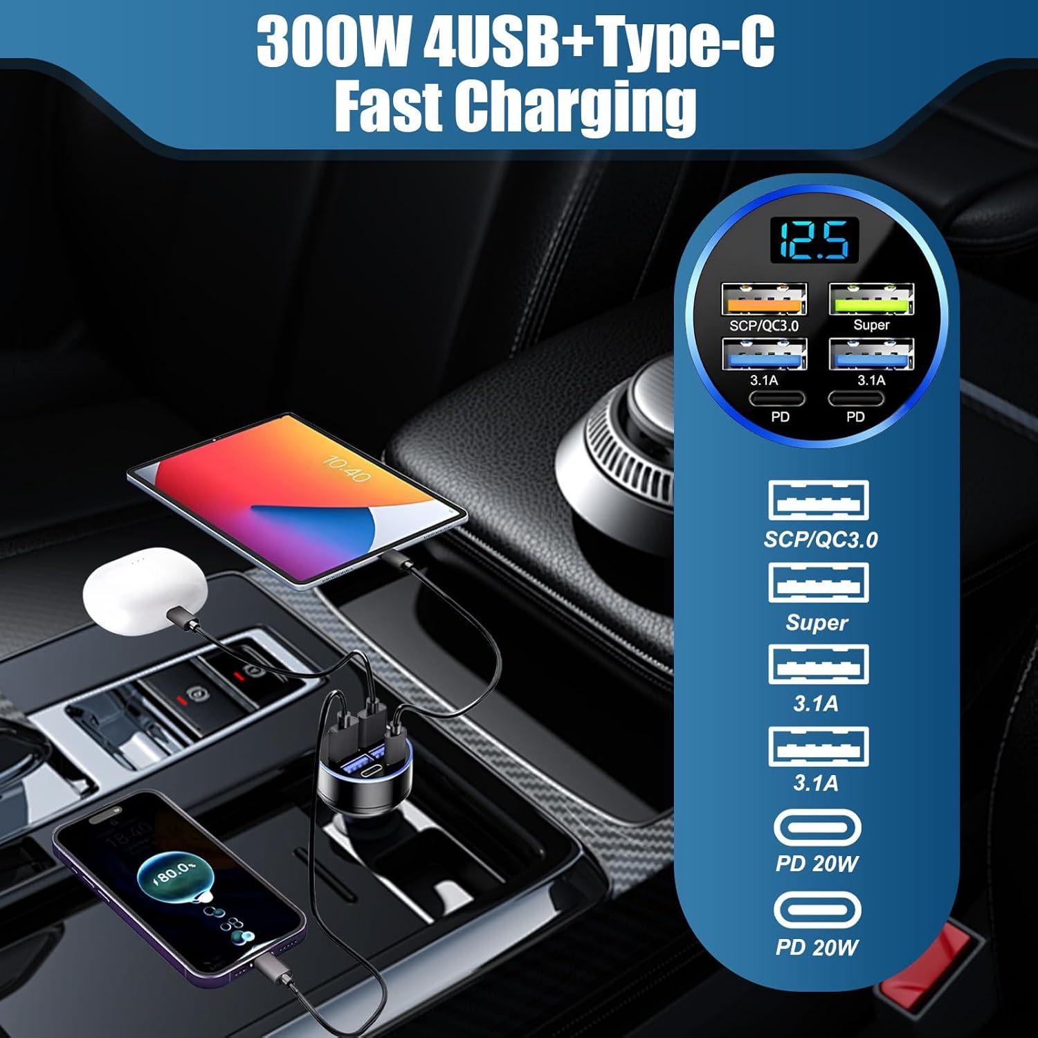 Fast Charging 4 USB A 2 PD Type C Car Phone Charger Adapter 12V/24V 300W Quick Charge Cigarette Lighter Socket for iPhone, Samsung, Android, iPad Multi Devices
