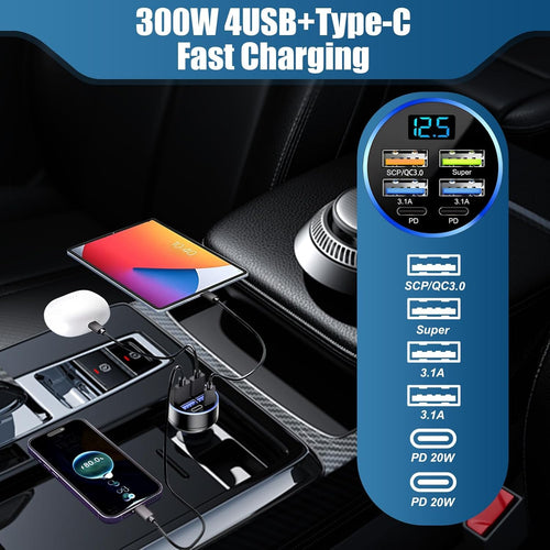 Fast Charging 4 USB A 2 PD Type C Car Phone Charger Adapter 12V/24V 300W Quick Charge Cigarette Lighter Socket for iPhone, Samsung, Android, iPad Multi Devices