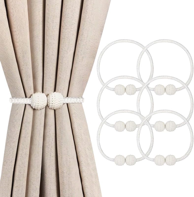 6 Pack Magnetic Curtain Tiebacks,Decorative Curtain Tiebacks Buckles Holdbacks for Home Bedroom Office Curtain Decor (White)